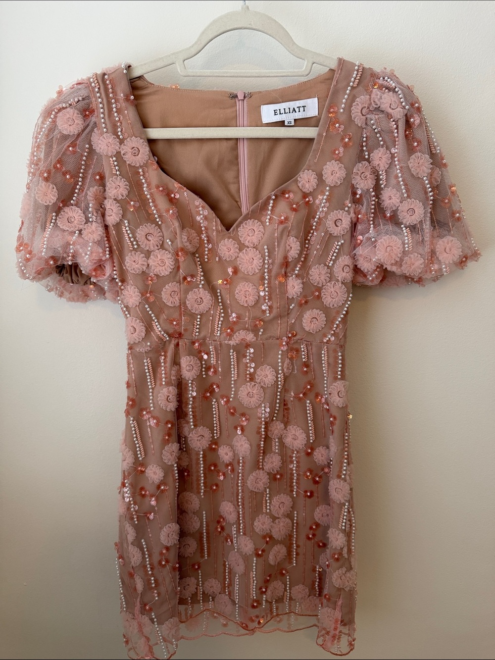 Elliatt Blush Floral Beaded Mesh Mini Dress